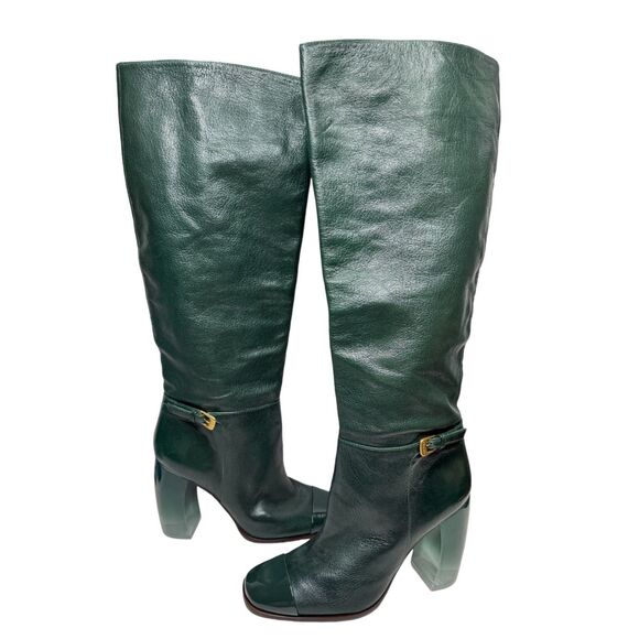 Tory Burch Tall Boots Banana Heel Size 8.5 Fern Green Leather Cap Toe NEW‎ - Picture 1 of 13